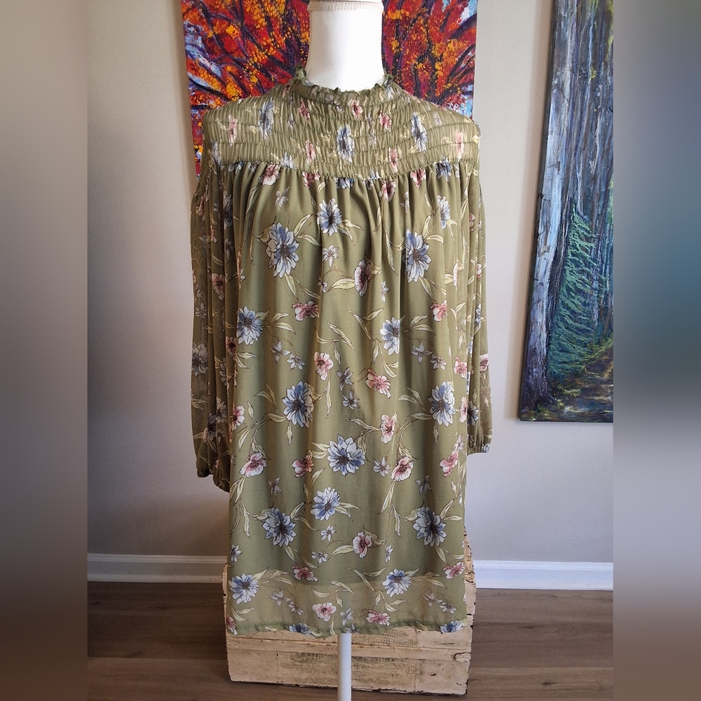 Cato Green Smocked Puff Sleeve Blouse